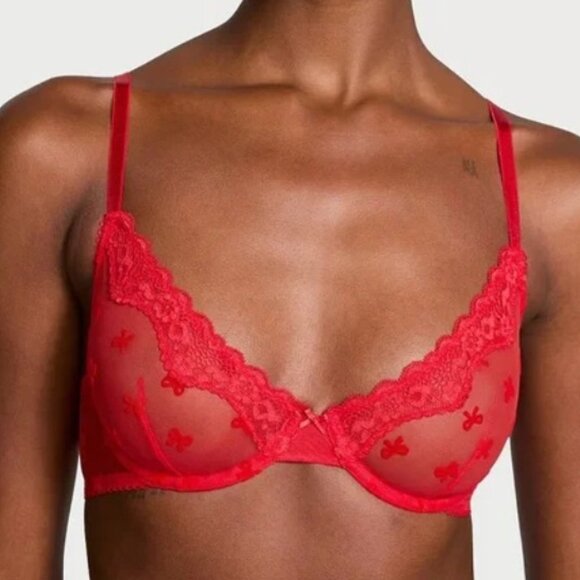 VS Tease Lace-Trim Unlined Demi Bright Vermillion Bows - Picture 1 of 8